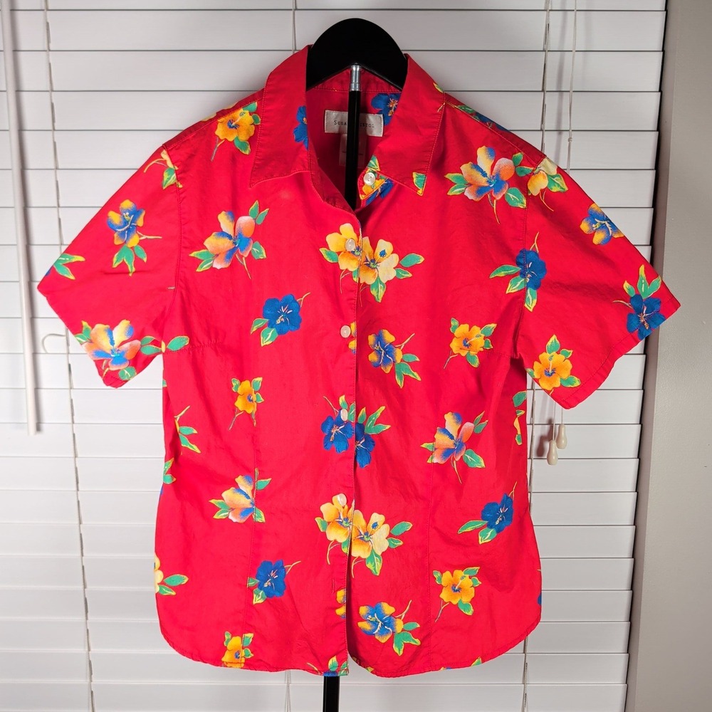 Susan Bristol Floral Button Front Shirt Men Large Red Hawaiian Cotton Excellent